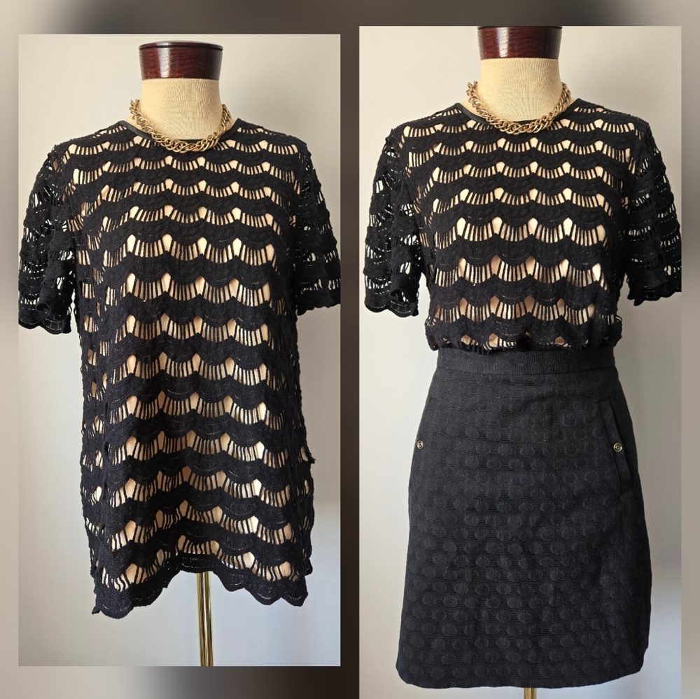 KATE SPADE Black Scallop Lace Overlay With Cream Base Short SleeveTop. Size 8